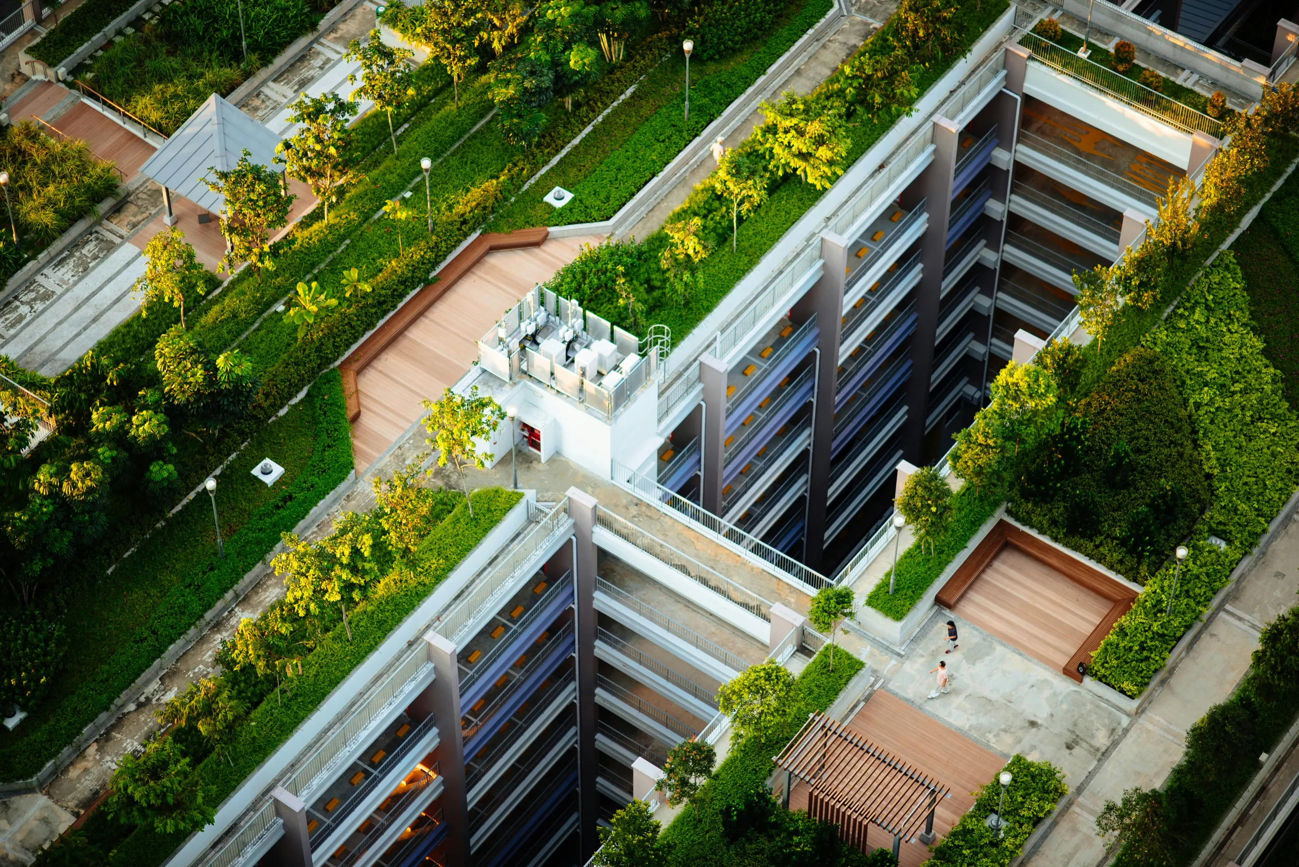 Cubiertas verdes en las terrazas de un complejo moderno de edificios